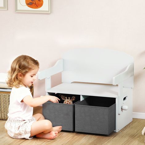 Coffre à jouet enfant 3 en 1, ensemble table et chaises avec 2 bacs en tissu amovibles, blanc, 67,5 x 46,5 x 56,7 centimètres (1/4)