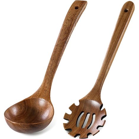 Ensemble de louche à soupe et cuillère à pâtes en bois - Louche à soupe en bois 2 pièces - Ensemble de 2 louches à soupe en bois avec louche et cuillère à pâtes - Bois naturel lisse pour la cuisson, l (1/5)