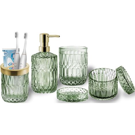 Lot de 5 Accessoires de Salle de Bain en Verre Transparent (Distributeur de Savon, Porte-Savon, Porte-Brosse à Dents, gobelet, Pot à Cotons-tiges), Décoration Moderne Contemporaine en Cristal (1/5)