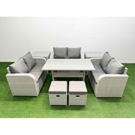 Fimous 8 Seater PE Wicker Rattan Furniture Sofa Sets with Rectangular Dining Table 2 Seater Love Sofa 2 Stool 2 Side Table Light Grey (1/4)