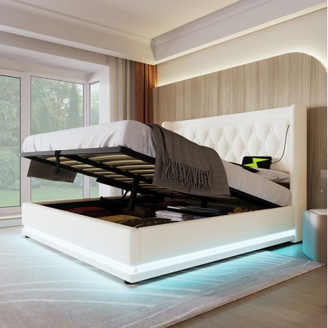 Lit double 140/200 cm blanc en PU avec coffre hydraulique, USB, Type-C et LED 3 côtés (1/5)