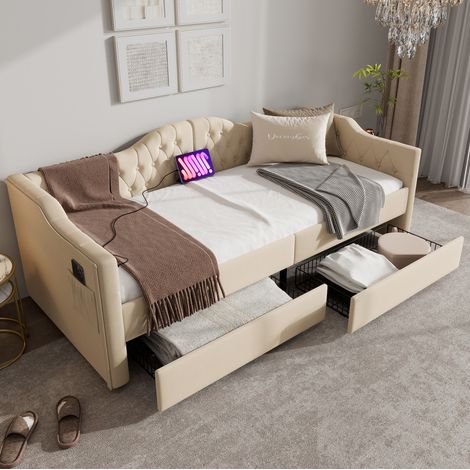 Letto singolo con cassetti USB velluto 90x200 OKMYHOME (1/5)