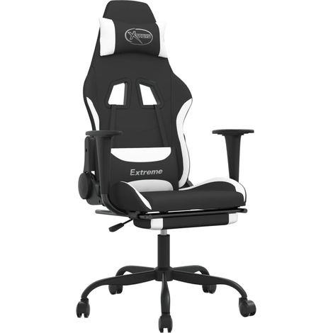 Fauteuil de bureau chaise gaming sur roulettes avec repose-pieds en tissu noir et blanc DEC025749