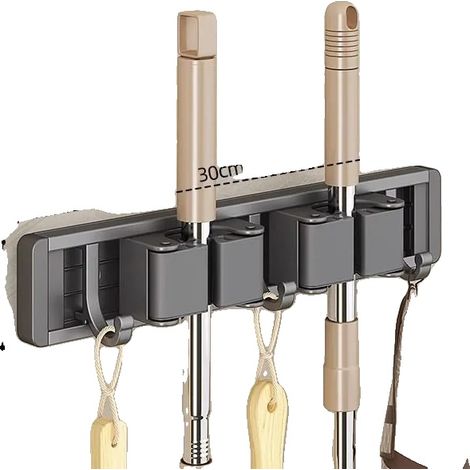 Organizzatore da parete per scope e mop con 5 ganci, 3 ganci neri (1/2)