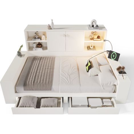 Lit Rangement Blanc 140×200cm Lit Jour avec Tiroirs, Portes, Prises USB/USB-C, Lampe Lecture, Sans Matelas