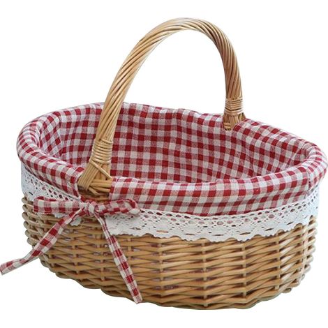 Panier de rangement ovale en rotin, fait main, pour pique-nique, intérieur et extérieur, 28 x 26 x 20 cm, motif quadrillé rouge.