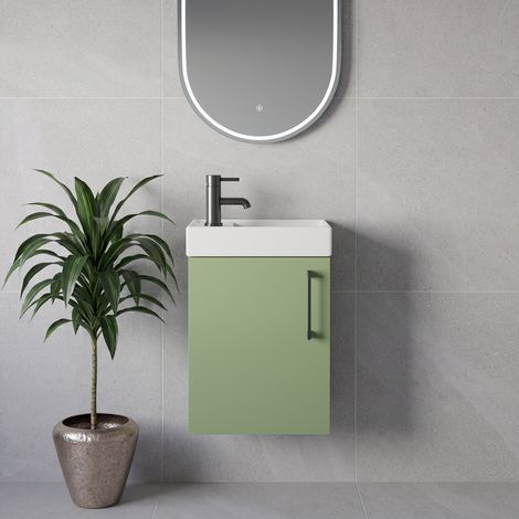 Napoli Cube Olive Green 400mm Wall Mounted Single Door Vanity Unit with Align Basin - 400mm - Gunmetal Grey 160mm Handle