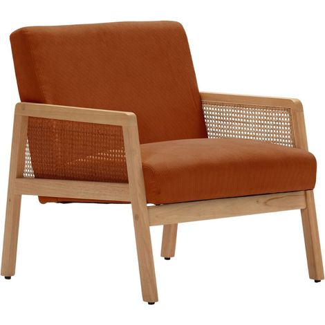 Fauteuil bois accoudoir cannage rotin assise et dossier en velours côtelé terracotta - BRADY (1/5)
