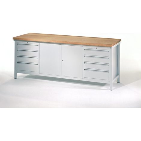 Pavoy Werkbank, 2000x700x900 mm, 2 Schubladenblöcke, 1 Schrank, RAL 7035 (1/3)