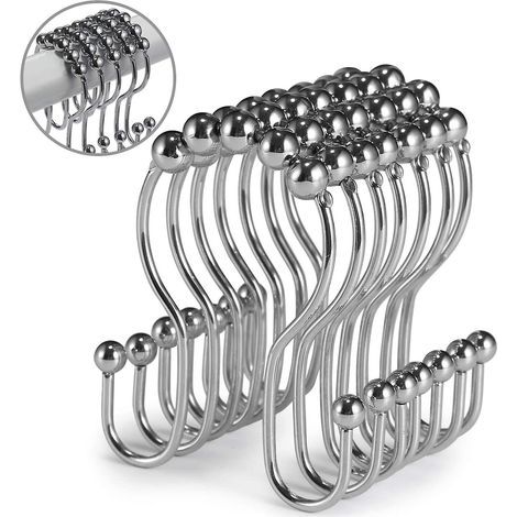 Lot de 12 crochets de rideau de douche en acier inoxydable antirouille avec double crochet coulissant anti-chute pour rideau de douche de salle de bain (chromé) (1/5)