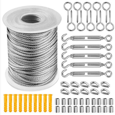 Kit de suspension pour guirlande lumineuse extérieure, tendeur de câble à ressort, avec fil électrique et câble en acier de 50 m (1/5)
