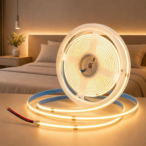 Ruban LED COB 12V 5M Blanc Chaud 3000K 320LED/M CRI90 Bande LED flexible découpable sans alimentation, idéale pour éclairage intérieur chambre cuisine meubles et décoration maison (1/5)
