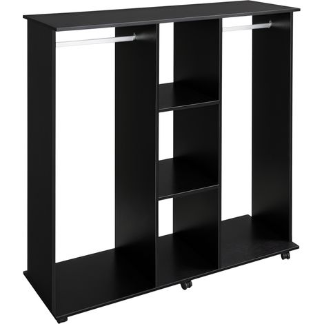 Mobile Double Storage Shelves Organizer with 6 Wheels - Versatile Black Wardrobe Solution for Easy Clothing and Accessory Management