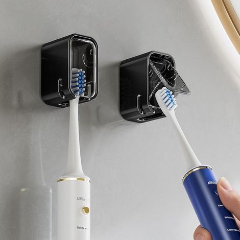 2 x Porta spazzolini da parete per bagno con coperchio, autoadesivo, per casa, viaggio, organizer per spazzolini compatibile con spazzolini (1/5)