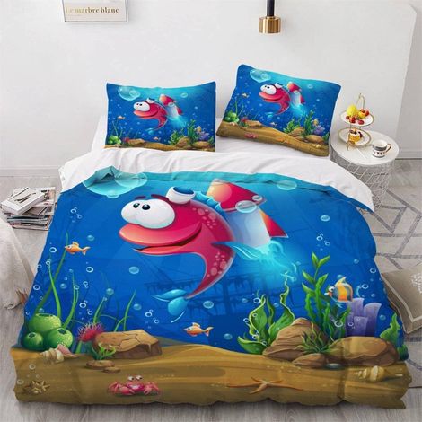 Housse de Couette 140x200 Enfant Dauphin Parure de Lit 1 Personne Microfibre Housse de Couette Poisson De Mer 3D Imprimé Literie Set 3 Pièces avec Fermeture Éclair - 140x200+2x50x75 (1/5)