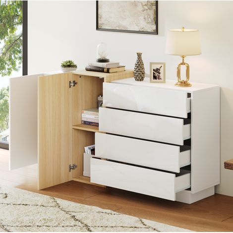 Credenza 140x35x81cm con 4 cassetti e 2 ante, cassettiera, mobile da cucina, MDF, bianco + naturale (1/5)