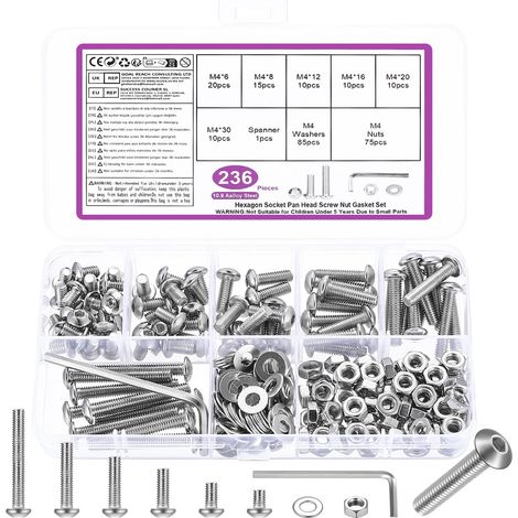 236 Pcs M4 Set di Vis et écrous,Assortiment de vis à tête creuse hexagonale Jeu de Vis, Écrous et Rondelles à Tête Ronde à Six Pans Creux Argentés et Clés,Acier Au Carbone 10.9 (1/5)