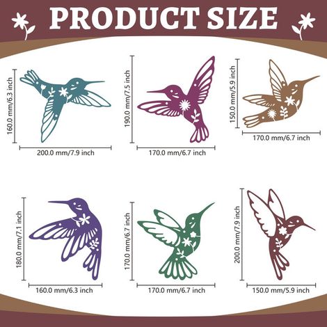 Décoration Murale Oiseau en Métal Lot de 6 Colibris Colorés Sculptures d'Art Suspendues pour Jardin Maison Salon Chambre Balcon Extérieur Intérieur