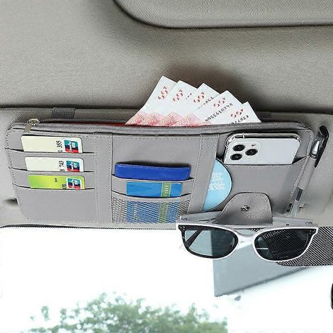 Pare-soleil de voiture, porte-cartes de visite, porte-stylo, porte-CD/DVD, boîte de rangement avec clip pour lunettes de soleil et fermeture éclair (gris)