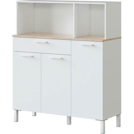Buffet de cuisine ÉMILE 3 portes et 1 tiroir L108 x H126cm - Blanc / Bois - Blanc / Bois