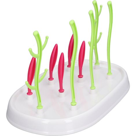 Égouttoir à biberons avec bac d'égouttage, support en plastique en forme d'arbre pour biberons, tétines, couvercles et tasses. Tige verte sur base blanche. (1/5)
