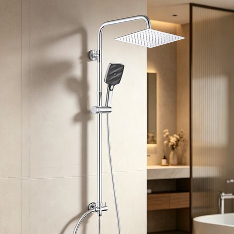 JOHO Colonne de douche pluie design en inox chromé 25x25 cm, douchette à main 3 jets à bouton, installation sur robinetterie existante, sans mitigeur (1/5)