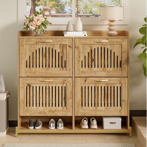 Schuhschrank 108,5x24x100 cm Holzfarben aus MDF mit Metallgestell und 4 Türen, platzsparend und modern (1/5)