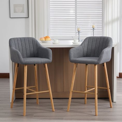 Tabourets de bar modernes de style européen avec dossier haut et accoudoirs, assise recouverte de lin et pieds en bois. Conviennent pour les cuisines et îlots de cuisine. Lot de deux tabourets de bar 