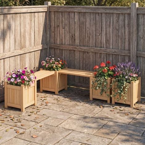 Banc de Jardin en Bois Massif avec 2 Bac à Fleurs, Ensemble 2 en 1 Banc + Pots de Jardin, Finition Huile de Teck Hydrofuge pour Terrasse et Balcon (1/5)
