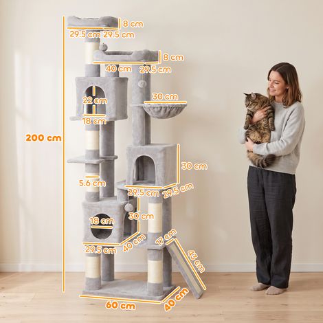 Arbre à chat de 200 cm de haut (6 poteaux à griffer en sisal, 2 niches pour chiens, 3 maisonnettes de jeu, hamac inclus, gris clair) (1/5)