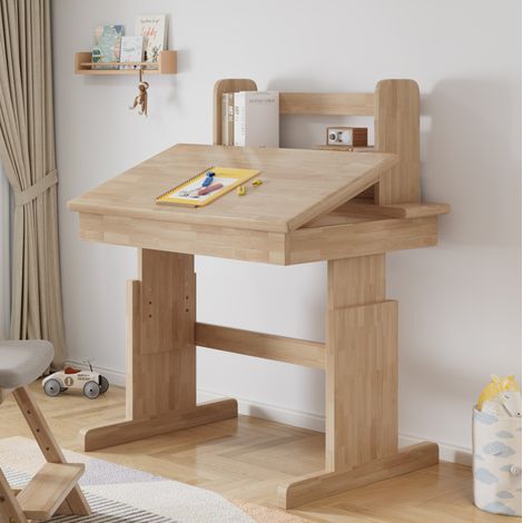 Escritorio infantil regulable en altura 80x60 cm con tablero inclinable, madera natural (1/5)