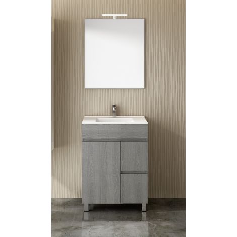 Mueble de baño ancho Isquia con lavabo y espejo. Se envía montado. 60CM Roble Smoky