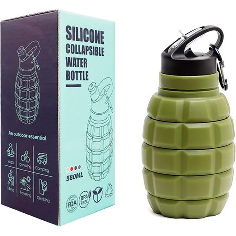 Bouteille d'eau personnalisable Grenade 580 ml pliable sans BPA anti-fuite en silicone pour salle de sport, vélo, randonnée en plein air avec crochet (vert) (1/4)