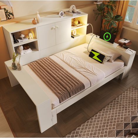 Bett 90x200 Ausziehbett Stauraum Weiß Holz HAVRYA (1/5)