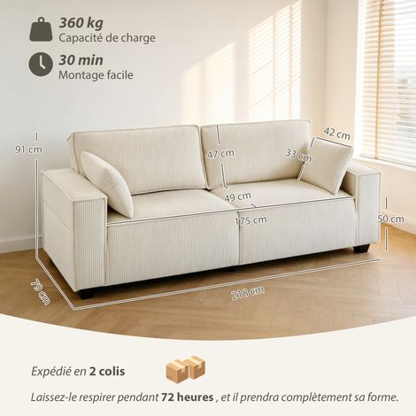 Canapé 3 places en velours côtelé 218 cm, canapé salon, coussins à ressorts, larges accoudoirs, 2 coussins, beige (1/5)