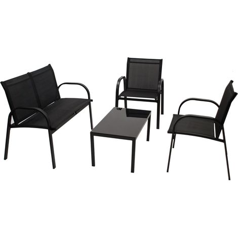 ARONA: Lounge Set 4-teilig (2x Loungesessel, 1x Loungesofa 2-sitzer, 1x Loungetisch 80x45cm) Gestell Stahl schwarz, Bezug Kunstgewebe schwarz, Tischplatte Glas (1/5)
