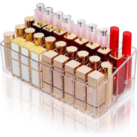 1 - Organisateur Maquillage - Boîte Rangement Acrylique - 36 Compartiments pour Rouge à Lèvres et Pinceaux - Design Incliné Transparent pour Salle de Bain et Dressing - Transparent - 26,5x12 cm (1/5)