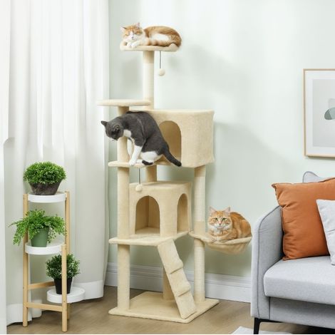 Kratzbaum 160 cm mit Hängematte, Leiter, Höhle, 2 Plüschbällen, Sisalstämmen beige HAVRYA (1/3)