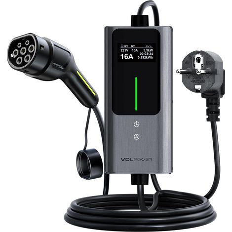 Chargeur Voiture Electrique, 3.6KW Chargeur Type 2, Courant réglable 6/8/10/13/16A, 5M Cable Recharge Véhicule Electrique avec Schuko, Borne de Recharge Monophasé IP65 (3.68KW-5M) (1/5)
