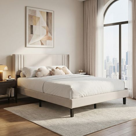 Lit double adulte 160x200 cm en tissu lin,Cadre de Lit tapissé pour Adultes 2 Personnes,tête de lit côtelée,sommier à lattes en bois et cadre métallique – Design moderne scandinave, Beige – Capacité d (1/5)