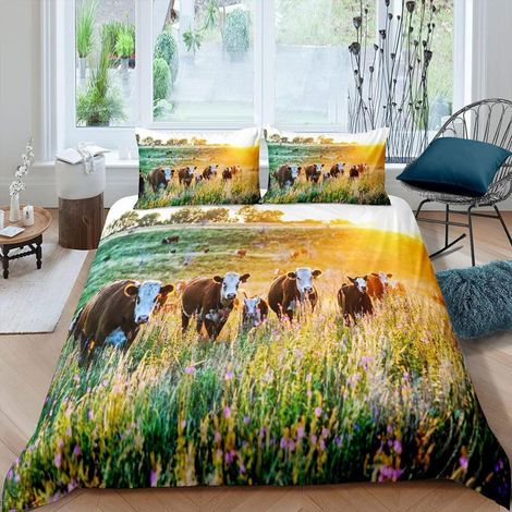 Bettwäsche Set 155x220cm Kühe mit 1 Kissenbezug 80x80cm, 3D Natur Wiese Druck