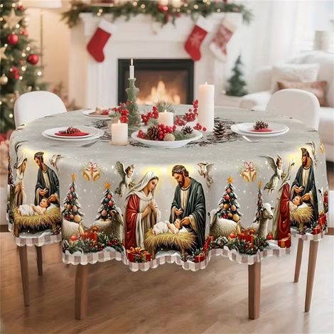 Nappe De Noël - Motif Crèche Et Arbre De Noël - Polyester - Pour Table Rectangulaire Ou Ronde - 152 X 152 Cm - 1 Pièce (1/5)