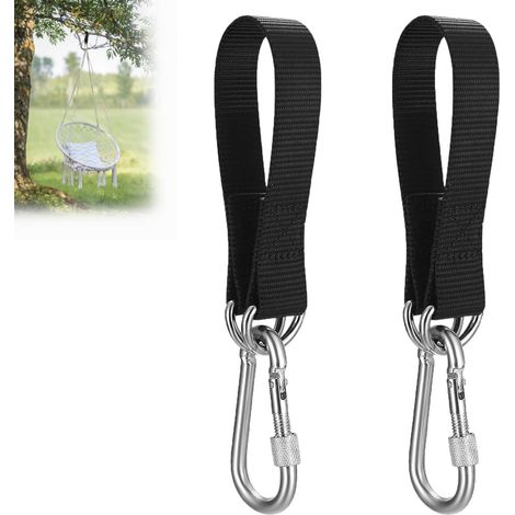 Correas de nailon antidesgarro de 30 cm para hamaca, columpio, silla colgante, interior, con anillas en D gruesas, color negro.