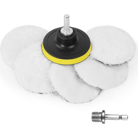 Kit Polissage Voiture, 8PCS Tampon Polissage en Laine Naturelle 80mm, 2 Adaptateurs M10 pour Perceuse/Meuleuse, Lavable et Réutilisable, pour Polissage Auto/Bois/Verre/Marbre/Céramique (1/5)