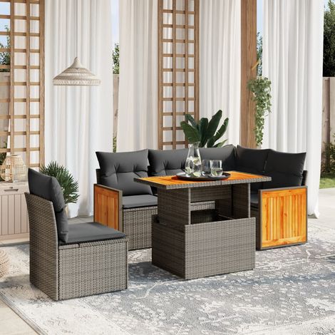 Ensemble Salon Jardin 6 Places Résine Tressée Beige avec Coussins Amovibles - Table Réglable et Design Modulaire (1/3)