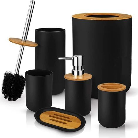 6 Pièces Ensemble Accessoires Salle De Bain, Distributeur, Porte-Brosse, Gobelet, Porte-Savon, Brosse WC, Poubelle, Noir (1/5)