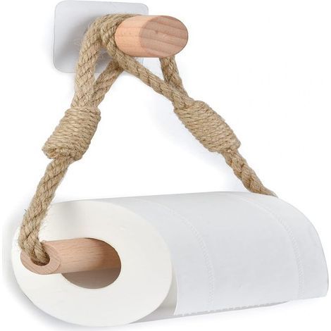1 porta rotolo di carta, design industriale, corda di canapa e legno, montaggio con viti o adesivo, bagno (1/5)