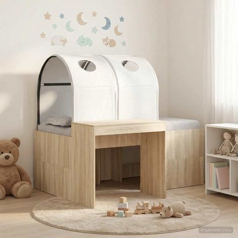 Lit enfant 3 pièces avec bureau et 2 tunnels, bois d’ingénierie, chêne et blanc - PANGIVO (1/5)