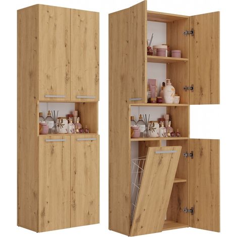 Poteau de salle de bain 1K/DK – Chêne artisan – 5 étagères (4 fermées, 1 ouverte) – Inclus : 1 panier (1/5)