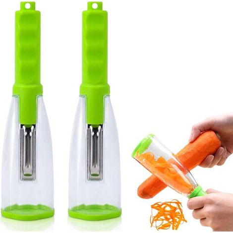 Pelador de 2 piezas con caja de almacenamiento - Pelador de cocina con sistema antisalpicaduras para frutas y verduras - Verde (1/5)